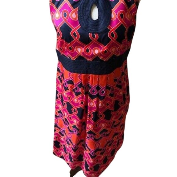 ANN TAYLOR LOFT SLEEVELESS NAVY/PINK/ORANGE PRINT HALTER DRESS 4-EUC - Picture 4 of 11